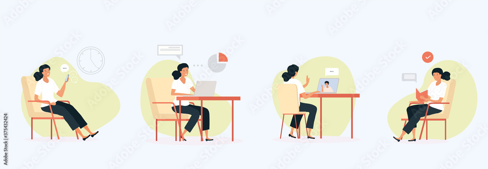 Set of four activities enjoyed by a woman using a mobile, sitting working at a laptop and computer and sitting reading a book , colored vector illustration Set of four activities enjoyed by a woman using a mobile, sitting working at a laptop and computer and sitting reading a book , colored vector illustration