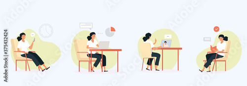 Set of four activities enjoyed by a woman using a mobile, sitting working at a laptop and computer and sitting reading a book , colored vector illustration © Rudzhan
