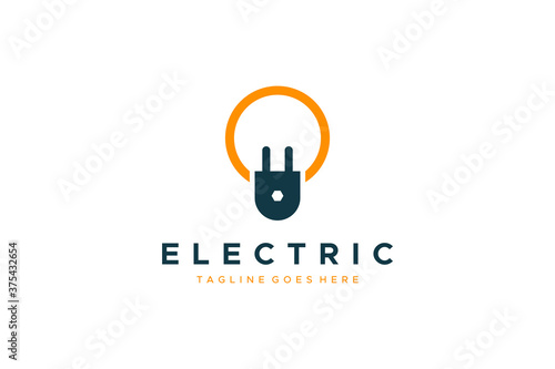 Electric Logo. Linear Light Bulb with Plug Icon Combination isolated on White Background. Usable for Business, Electricity, Industrial and Technology Logos. Flat Vector Logo Design Template Element
