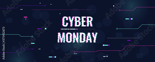 Concept for Cyber Monday, electronics sale. Vector abstract banner, in digital techno style. Dark blue background, with computer bright elements. Copyspace.