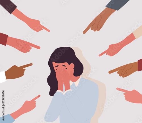 Bullied children concept with crying girl in the center of a ring of pointing fingers of other kids, colored vector illustration