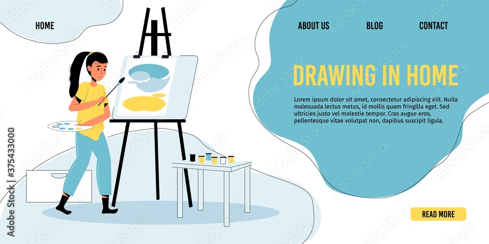 Happy girl child drawing at home art studio. Modern painter artist ...