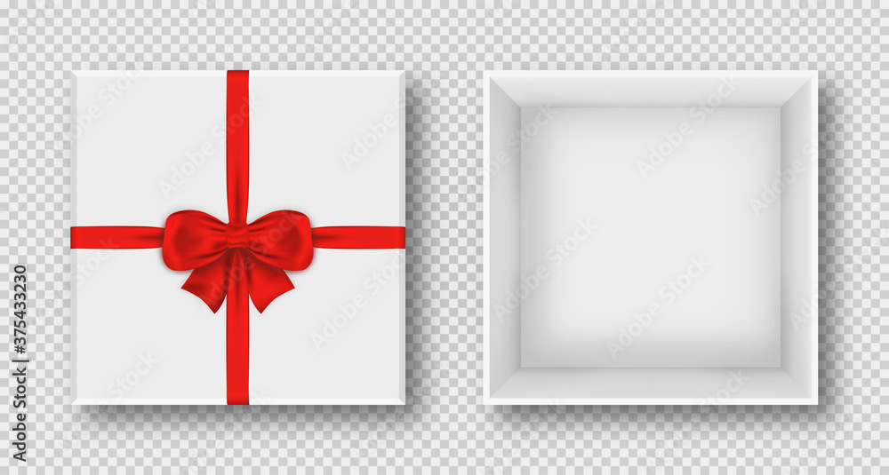 Gift box with red bow, top view. Opened and closed gift box, with red ribbon and bow. Empty box for birthday, Christmas, Valentines day Gift box with red bow, top view. Opened and closed gift box, with red ribbon and bow. Empty box for birthday, Christmas, Valentines day