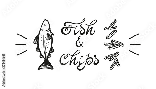 Fish and Chips. Traditional British Fast Food. Hand Drawn Sketch Cod Fish and Potato Fries. Seafood and Vegetables. Street Food Menu or Label Design. Vector illustration