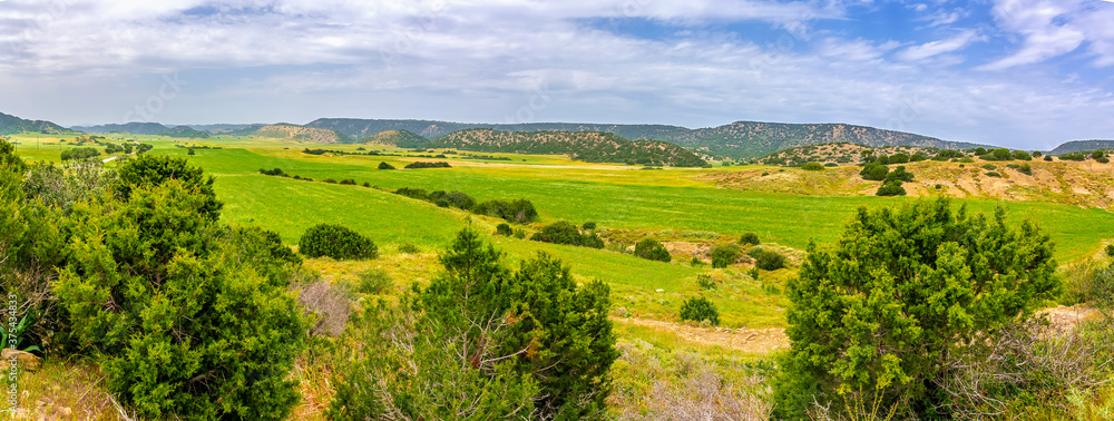 A panorama of lush pasture on the Karpas Peninsula in Northern Cyprus