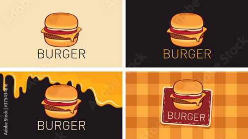 A set of business cards with a tasty burgers. Vector illustration with a delicious cheeseburger or hamburger on various backgrounds, suitable for menu cover, flyer, advertising banner
