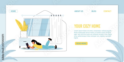 Happy smiling little girl spending time at cozy home. Young female child literature fan reading book lying resting on floor. Leisure activity indoor. Daily evening routine. Landing page template