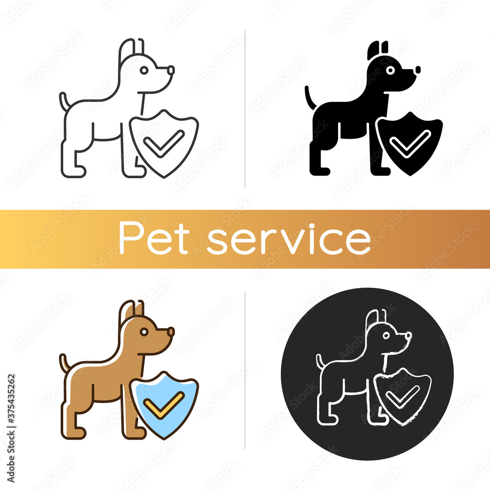 Pet insurance icon. Linear black and RGB color styles. Offering healthcare plans for domestic animals. Professional legal service. Dog welfare protection. Isolated vector illustrations