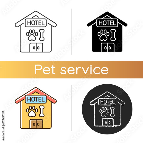 Pet hotel icon. Linear black and RGB color styles. Providing accommodations and treatment for dogs and cats. Domestic animals overnight sitting service. Isolated vector illustrations