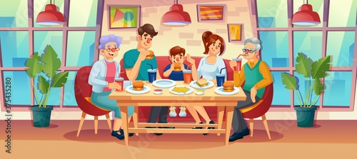 Happy family having dinner lunch together at fast food restaurant. Relatives spending time, eating out. Young man woman couple, grandparent, child son eat burger, sandwich, french fries, drink soda.