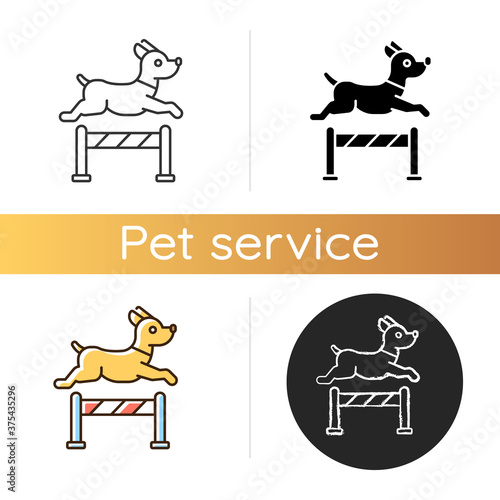 Pet training icon. Linear black and RGB color styles. Domestic animals taming and discipline education service. Dog preparing for contest, jumping over obstacle isolated vector illustrations