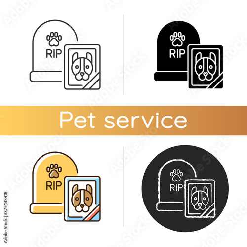 Pet funeral service icon. Linear black and RGB color styles. Assistance with wake organization. Memorial services for domestic animals. Dog gravestone and photo isolated vector illustrations