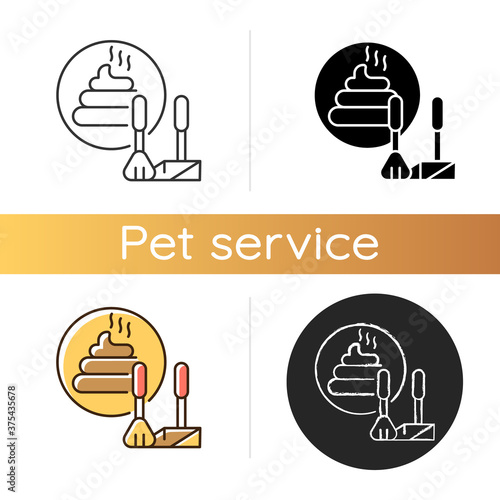 Poop scooping icon. Linear black and RGB color styles. Domestic animal waste removal. Professional pet care. Cleaning after pets. Dog feces and poop scoop isolated vector illustrations