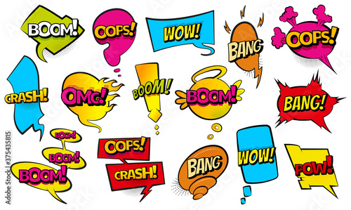Comic colored hand drawn speech bubbles. Set retro cartoon stickers. Funny design vector items illustration. Comic text WOW, boom, bang collection sound effects in pop art style