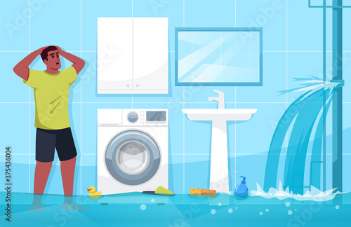 Man puzzled by broken water pipe flat vector illustration. Bathroom flood. Floating bath accessories and gels. Modern household items. Electric shock threat 2D cartoon character for commercial use