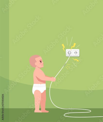 Interested child touches faulty wire semi flat RGB color vector illustration. Damaged cable. Electrical circuit. Accidental childhood injuries at home isolated cartoon character on green background