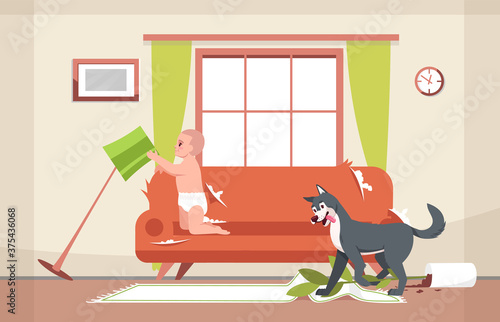 Naughty dog and curious toddler semi flat vector illustration. Messy living room. Shabby sofa. Fallen vase with flower, soiled carpet. Broken floor lamp 2D cartoon character for commercial use