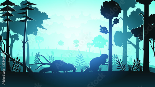 Abstract Gradient Blue Sky Color Forest Background With Tree And Beavers Vector Design Style Silhouette Nature Landscape