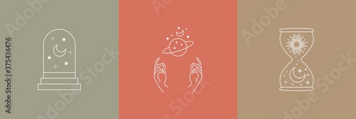 Abstract magic doodle logos. Boho linear emblems door moon sun sand clock, simple astrology concept. Modern vector illustration