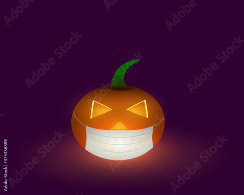 Shiny pumpkin lantern with white face mask. Halloween design on a dark purple background.