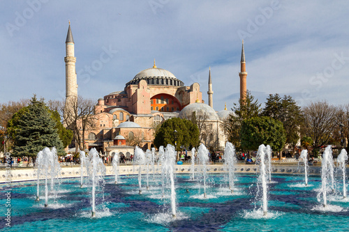 Sultanahmet Square with the fountain and Hagia Sophia in the background, in Istanbul, Turkey