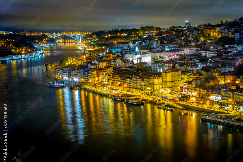Night shot of the Cais do Riberia in Porto, Portugal