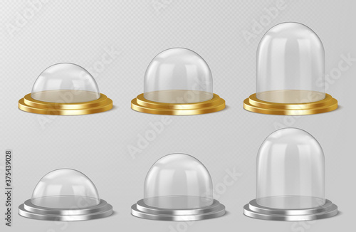 Realistic glass domes, christmas snow globe souvenirs, isolated crystal semisphere containers on silver and golden base small, medium and large size. Festive xmas gift mock up, Realistic 3d vector set