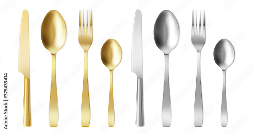3d cutlery of golden and silver color fork, knife and spoon set. Silverware and gold utensil, catering luxury metal tableware top view. isolated on white background, Realistic vector illustration, - obrazy, fototapety, plakaty 