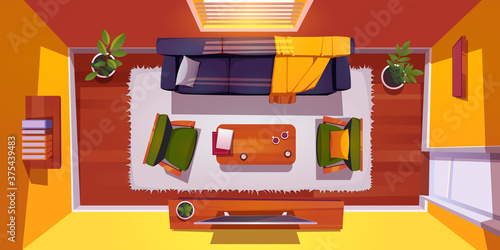 Living room interior top view. Apartment with sofa, tv, armchairs, rag and coffee table with cups and books, potted plant and shelf on wall. Empty home with jalousie window Cartoon vector illustration