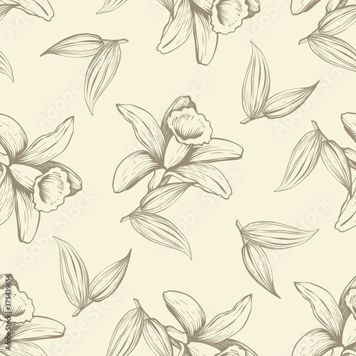 Seamless background with vanilla flower. Orchid. Natural vector hand drawn illustration for fabric print, wallpaper, wrapping paper, packaging.