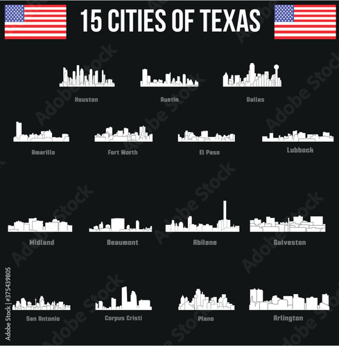 Cities of Texas ( Amarillo, Fort Worth, El Paso, Houston, Austin, Dallas, San Antonio, Plano, Corpus Cristi, Galveston, Abilene, Arlington, Lubbock, Midland, Beaumont )