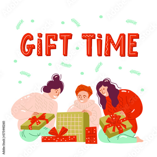 Time for gifts. People in winter clothes give gifts to their loved ones. friends exchange gifts. The parents gave the child a surprise. unpacking gifts at Christmas. Winter decoration in illustration
