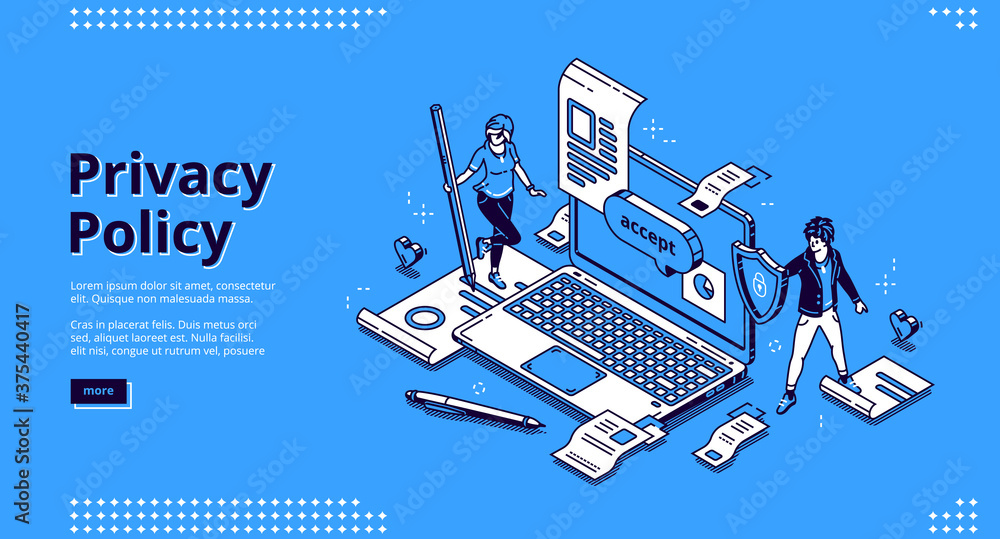 Privacy policy isometric landing page, data protection, digital security, personal confidential information online safety. Tiny people at huge laptop with shield and docs 3d vector line art web banner - obrazy, fototapety, plakaty 