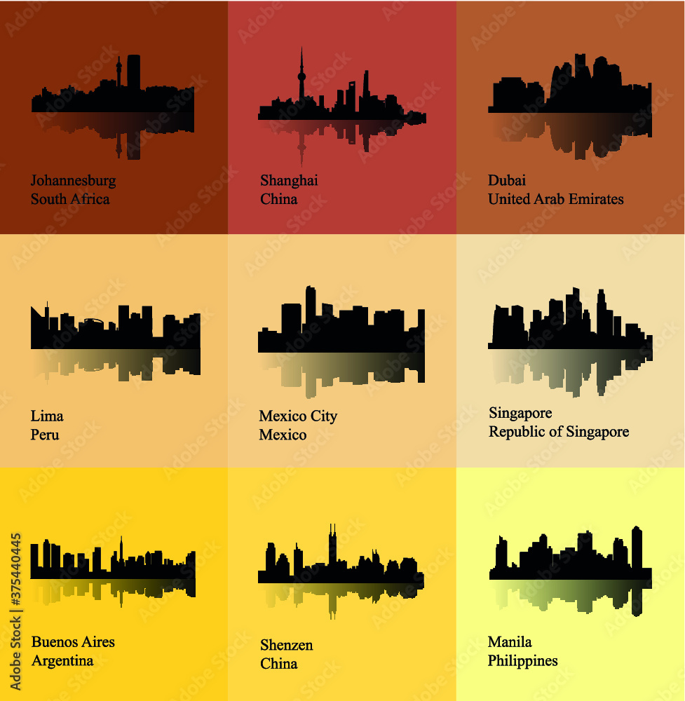 Set of 9 City (Johannesburg, Lima, Buenos Aires, Dubai, Manila, Mexico City, Shanghai, Shenzen, Singapore)