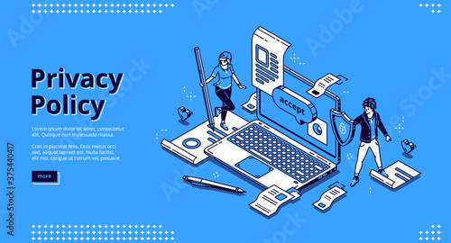Privacy policy isometric landing page, data protection, digital security, personal confidential information online safety. Tiny people at huge laptop with shield and docs 3d vector line art web banner photo