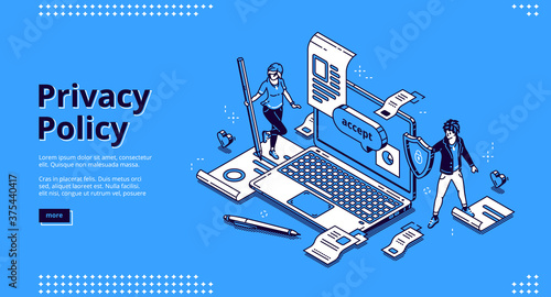 Privacy policy isometric landing page, data protection, digital security, personal confidential information online safety. Tiny people at huge laptop with shield and docs 3d vector line art web banner