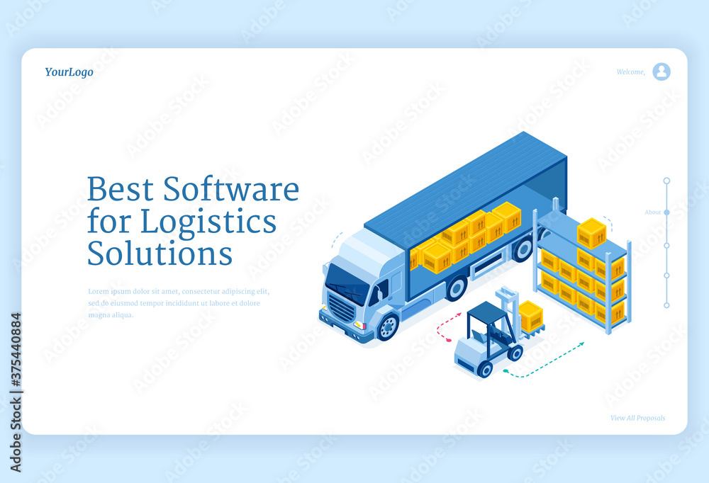 Software for logistics solutions isometric landing page, truck delivery service, forklift loading freight in warehouse. Transportation, shipping distribution, goods export import 3d vector web banner Software for logistics solutions isometric landing page, truck delivery service, forklift loading freight in warehouse. Transportation, shipping distribution, goods export import 3d vector web banner