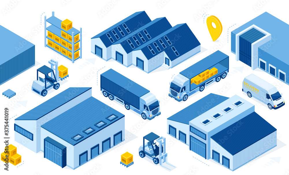 Fototapeta premium Warehouse industry with storage buildings, trucks, forklift and rack with boxes. Vector isometric set of storehouse, pallet, lorry and loader. Distribution logistic and cargo delivery concept