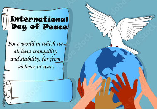Ilustración vectorial para conmemorar el día de la paz, globo terrestre sostenido por las manos de diferentes personas mientras una paloma se posa en él. pergamino en el lado derecho
