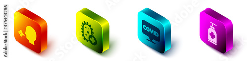 Set Isometric Man coughing, Positive virus, Corona virus covid-19 on location and Bottle of liquid antibacterial soap icon. Vector.