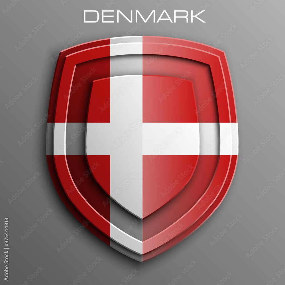 Obraz premium Kingdom of Denmark Flag on a Shiny Shield, Illustration isolate on Grey Background