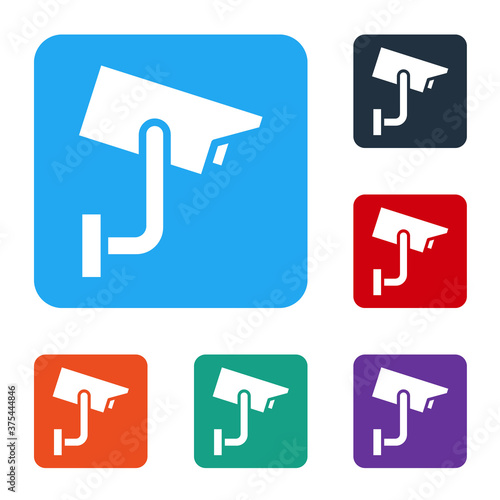 White Security camera icon isolated on white background. Set icons in color square buttons. Vector Illustration.