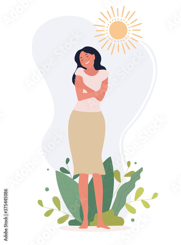 Love Yourself concept as woman hugs herself with a happy smile outdoors in summer sunshine, colored vector illustration