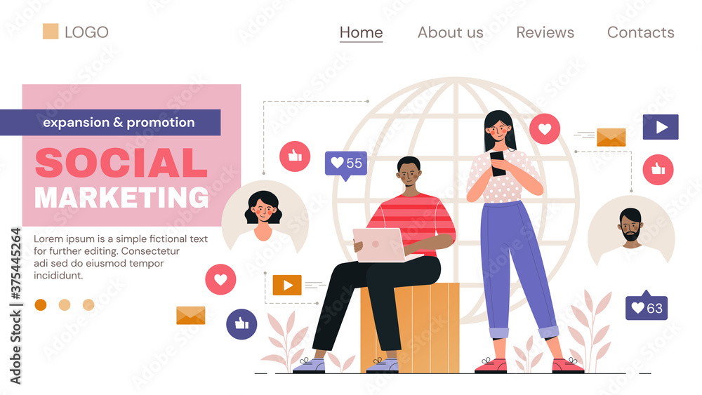 Social Marketing web page template with man on laptop and girl on mobile phone surrounded by internet icons, colored vector illustration Social Marketing web page template with man on laptop and girl on mobile phone surrounded by internet icons, colored vector illustration