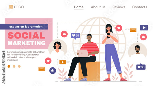 Social Marketing web page template with man on laptop and girl on mobile phone surrounded by internet icons, colored vector illustration
