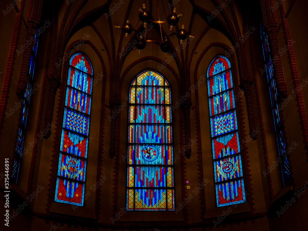 Stained glass window in a gothic temple