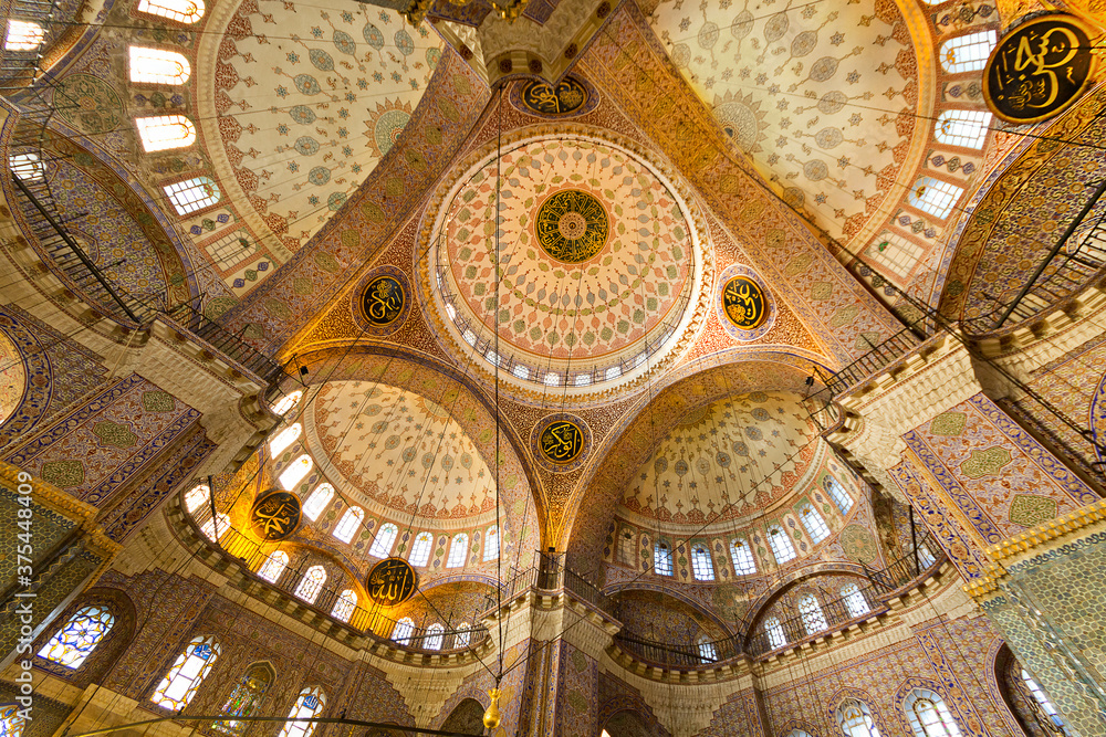 Domes of the Historical New Mosque known also as Yeni Cami mosque in Istanbul, Turkey