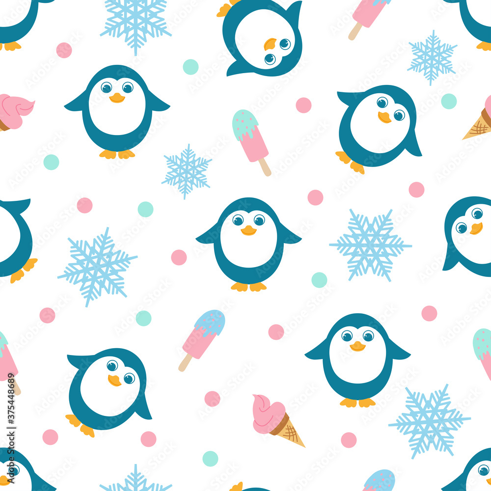 Pattern, thin fontern in the Scandinavian style. Funny penguins, snowflakes and ice cream on a white background. Web, packaging, paper, textiles, wallpaper, decoration of children's room, clothes Pattern, thin fontern in the Scandinavian style. Funny penguins, snowflakes and ice cream on a white background. Web, packaging, paper, textiles, wallpaper, decoration of children's room, clothes