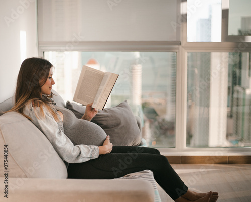 Pregnancy young woman reading a book on couch  (ID: 375448854)