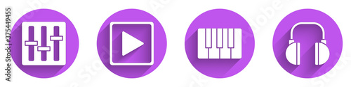 Set Sound mixer controller, Play in square, Music synthesizer and Headphones icon with long shadow. Vector.